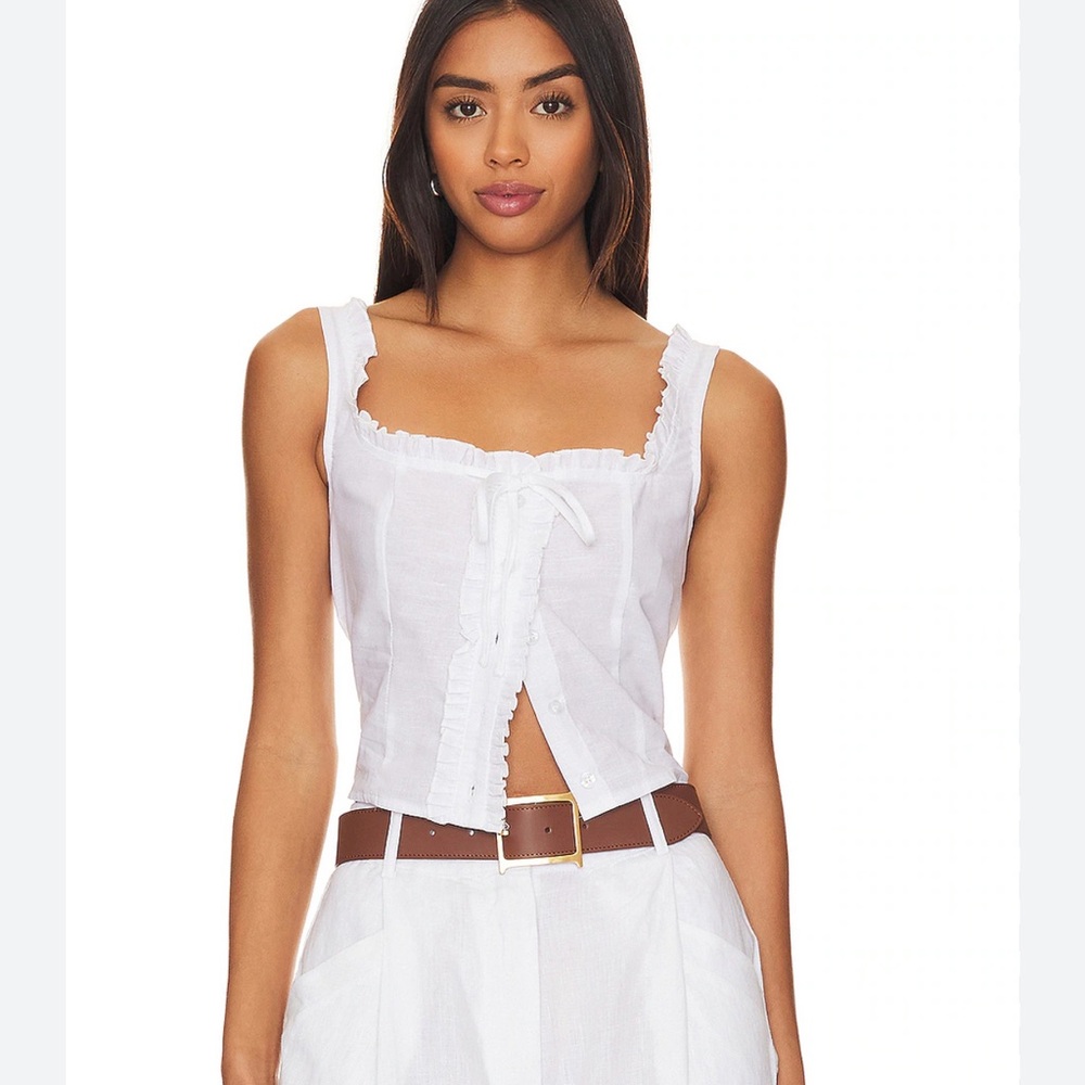 SNDYS “cottage” White Ruffled Sleeveless Top size L revolve